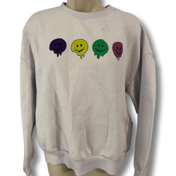 Happy Faces Tops - Grunge style white long sleeve crewneck sweatshirt. Dripping happy faces.